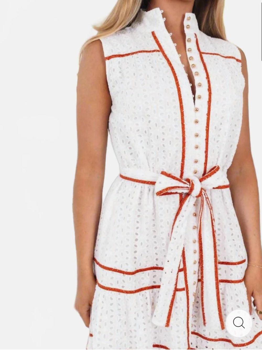 Sleeveless White Eyelet Dress with Burnt Orange Trim - Picture 2 of 5